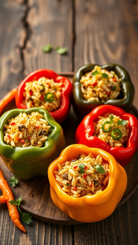 Colorful stuffed bell peppers filled with rice and beans on a wooden serving platter.