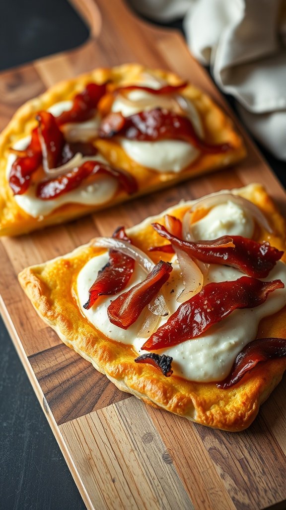 Savory Tarte Flambée Slices with cheese and toppings on a wooden board.