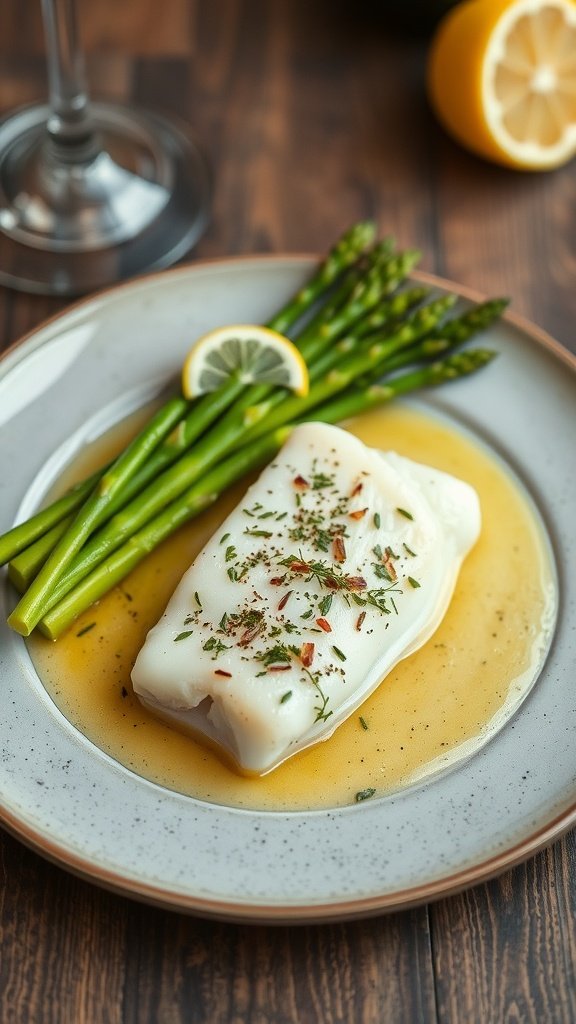 A plated dish of sea bass with lemon herb sauce and asparagus