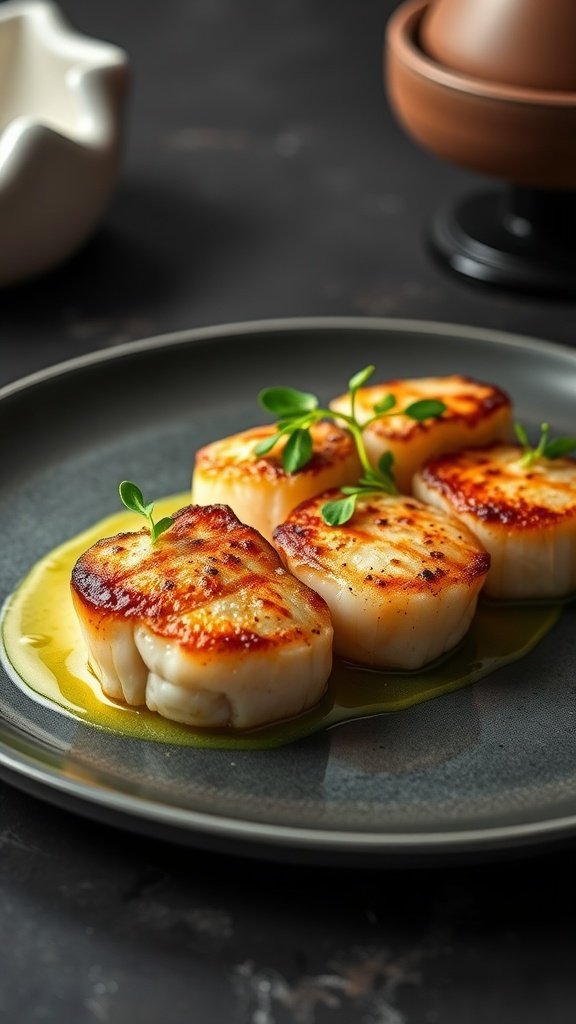Seared scallops garnished with herbs and served in lemon butter sauce.
