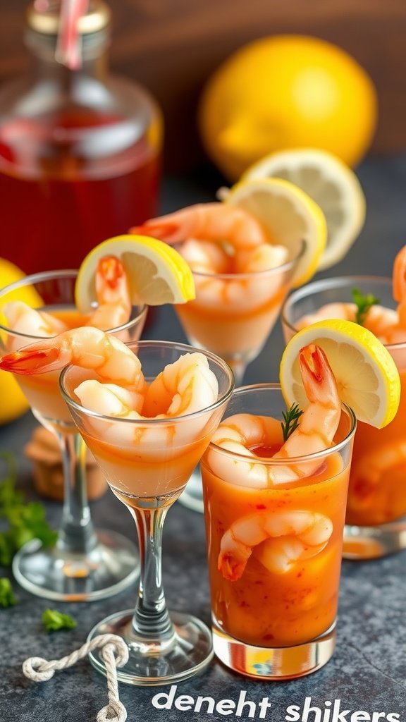A close-up of shrimp cocktail shooters served in elegant glasses with lemon and spicy sauce.