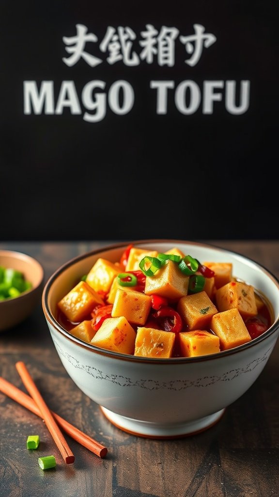 A bowl of Sichuan Mapo Tofu with red sauce and green onions, chopsticks beside it.