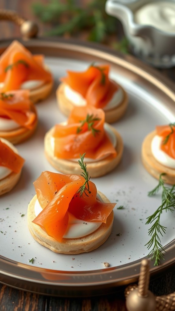 A platter of smoked salmon blinis topped with dill cream and fresh dill.