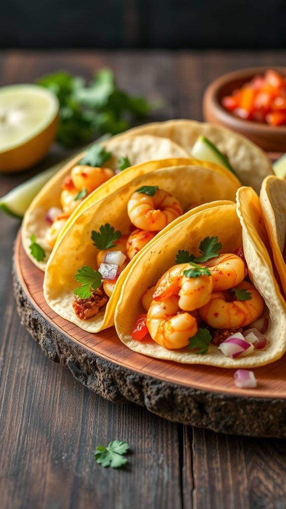 A plate of smoky chipotle shrimp tacos garnished with cilantro, served with lime and salsa.