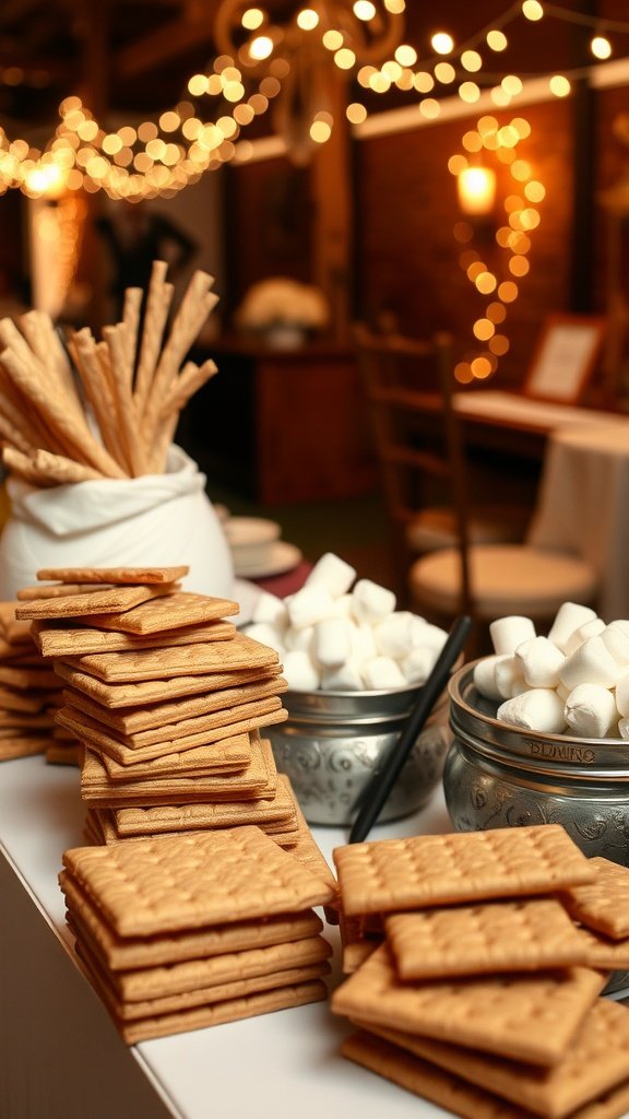 A setup for a S'mores bar with graham crackers, chocolate, and marshmallows ready for guests to create their own treats.