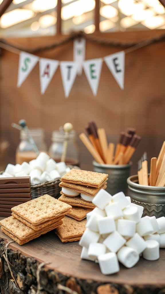 S'mores station with graham crackers, marshmallows, and chocolate