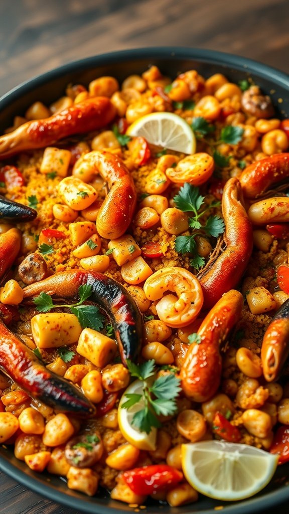 A vibrant and colorful Spanish paella with seafood, featuring shrimp, mussels, and fresh vegetables garnished with lemon wedges and parsley.