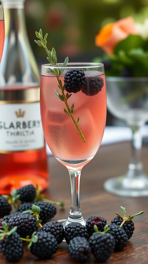 A refreshing Sparkling Blackberry Thyme Spritz cocktail garnished with fresh blackberries and thyme.
