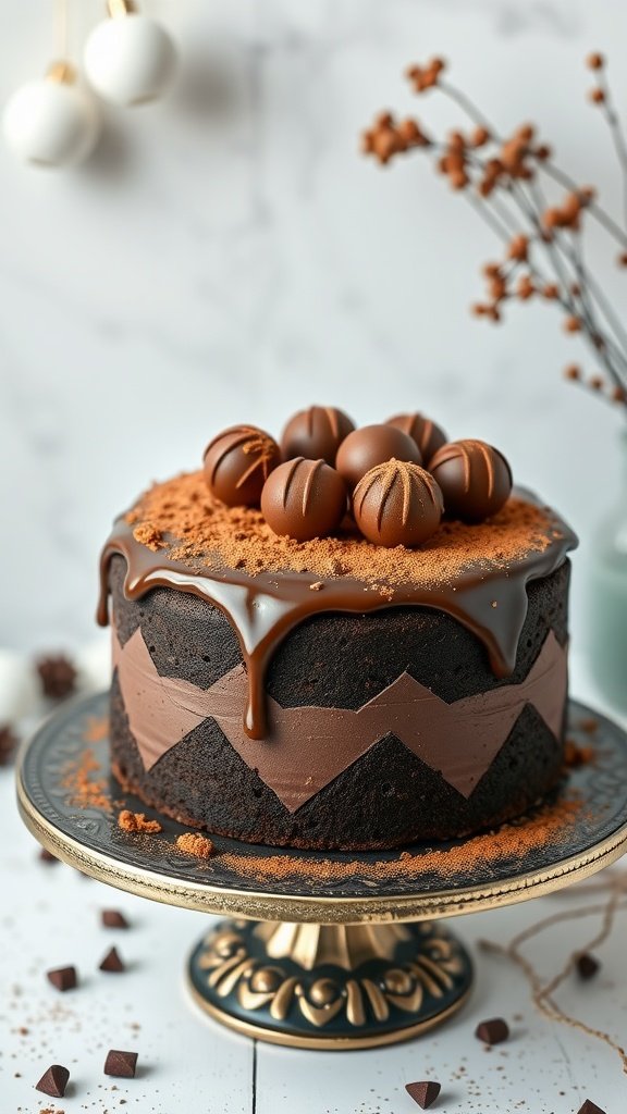 A beautifully decorated Spiced Chocolate Truffle Cake with chocolate truffles on top and a glossy ganache drizzle.