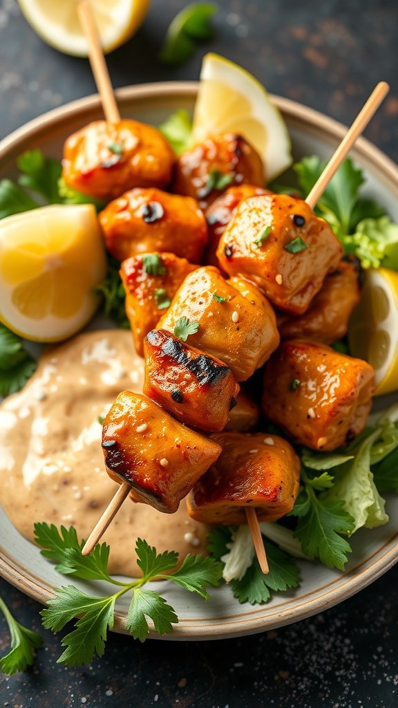 Spicy chicken satay skewers with peanut sauce, garnished with lemon wedges and fresh herbs.