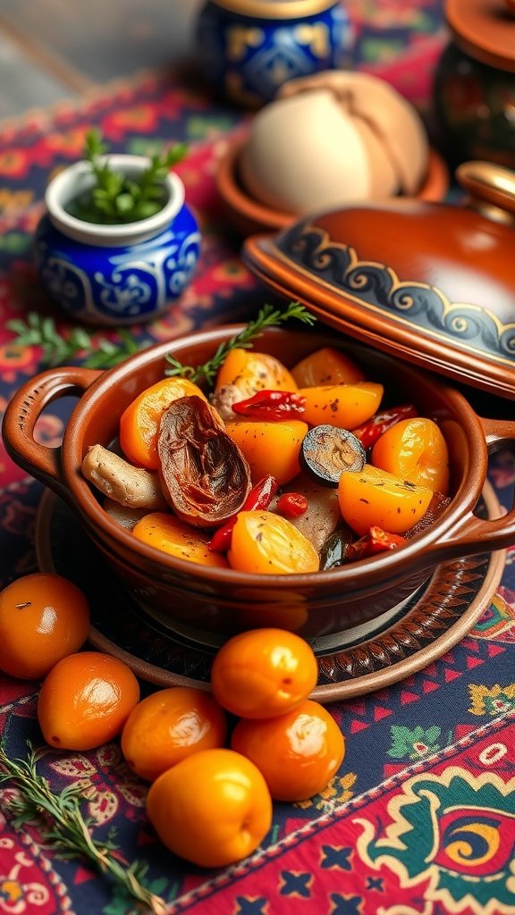 A clay tagine filled with spicy Moroccan tagine featuring apricots and vegetables, surrounded by fresh apricots on a vibrant patterned tablecloth.