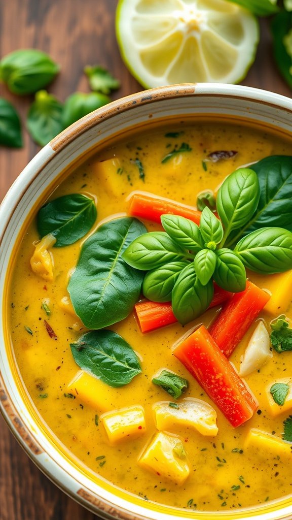 A bowl of spicy Thai green curry with vibrant vegetables and fresh basil leaves, alongside a lime.