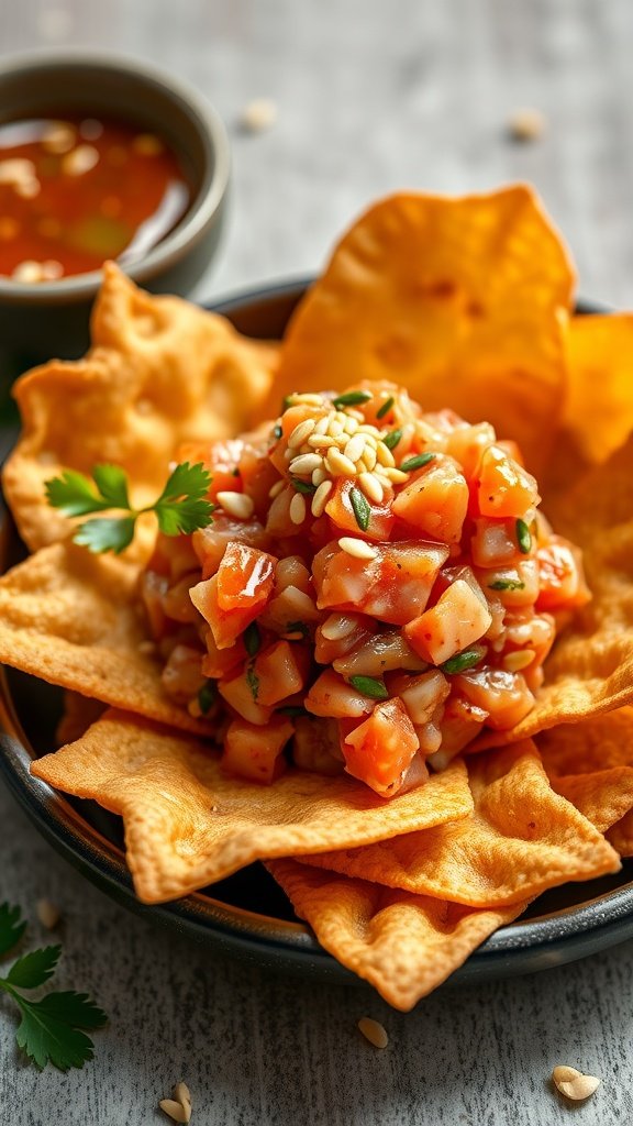A plate of spicy tuna tartare served on crispy wontons, garnished with herbs.
