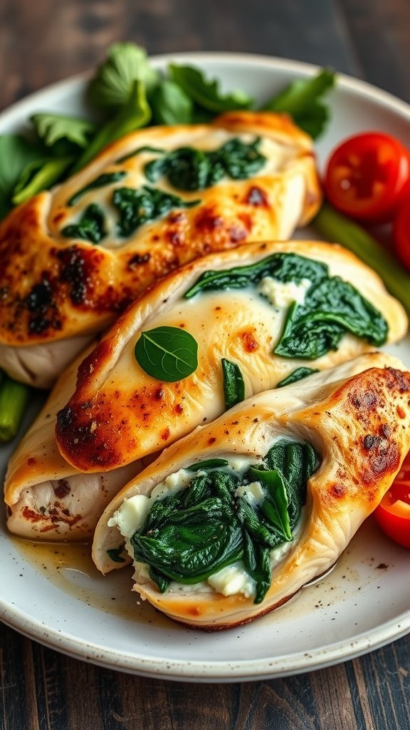 Spinach and goat cheese stuffed chicken on a plate with greens and tomatoes.