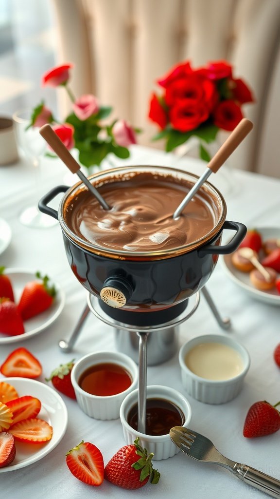 A pot of melted chocolate with fresh strawberries for dipping, surrounded by additional sauces and flowers.
