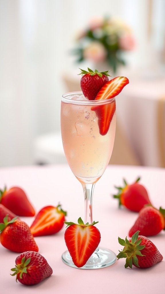 A refreshing cocktail made with strawberries and rhubarb, garnished with fresh strawberries and mint.