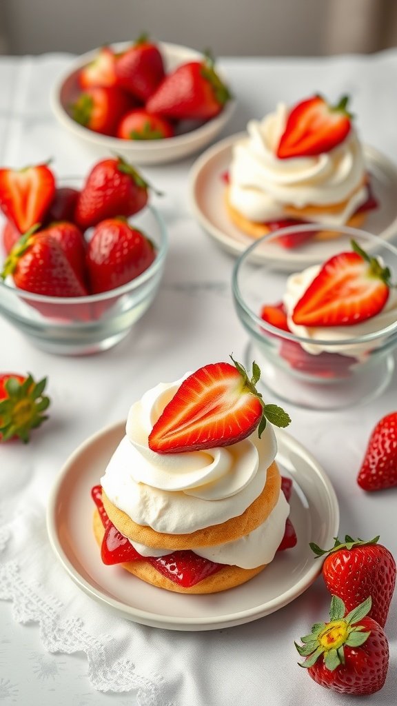 A delicious strawberry shortcake dessert topped with fresh strawberries and whipped cream.