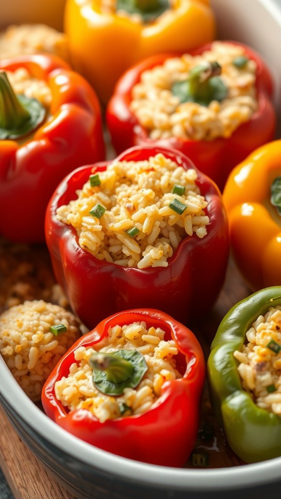 Colorful stuffed bell peppers filled with rice and cheese.