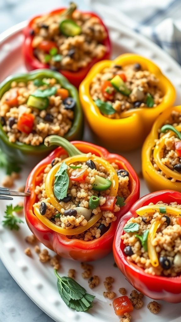 Colorful stuffed bell peppers filled with quinoa and vegetables