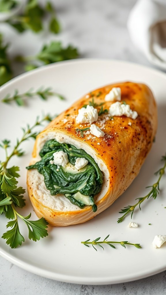 Delicious stuffed chicken breast with spinach and feta on a plate