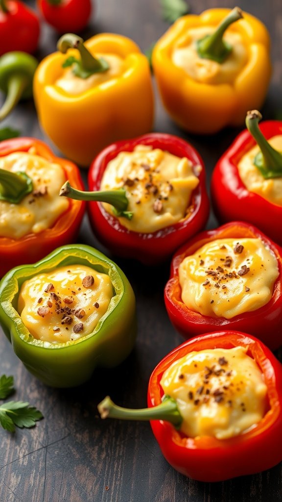 A variety of stuffed mini peppers filled with cream cheese, showcasing bright colors.