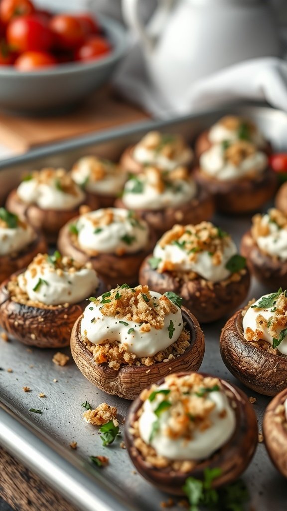 Stuffed mushrooms with cream cheese topped with herbs and breadcrumbs
