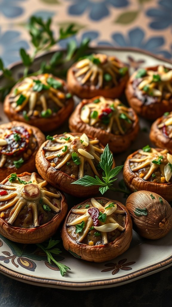 Delicious stuffed mushrooms topped with herbs and spices, ready to be served as an appetizer.