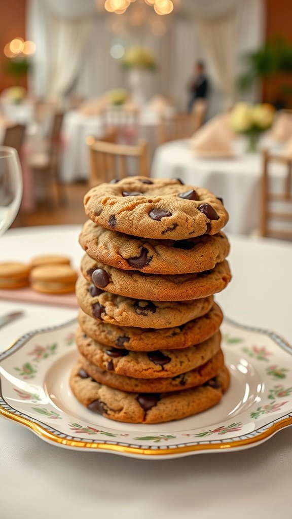 A stack of chocolate chip cookies on a decorative plate