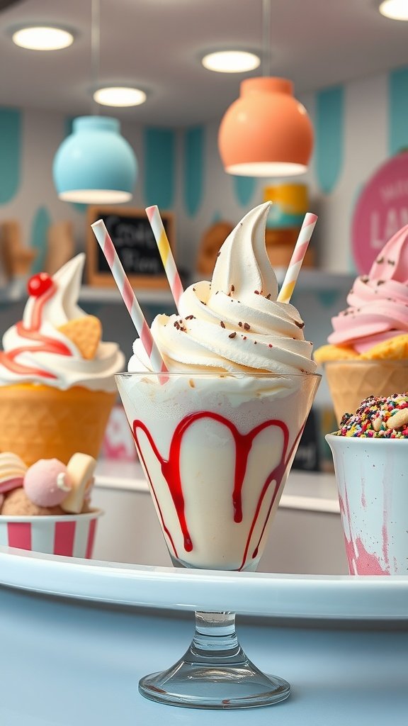 A vibrant sundae bar featuring ice cream sundaes with assorted toppings and colorful decor.