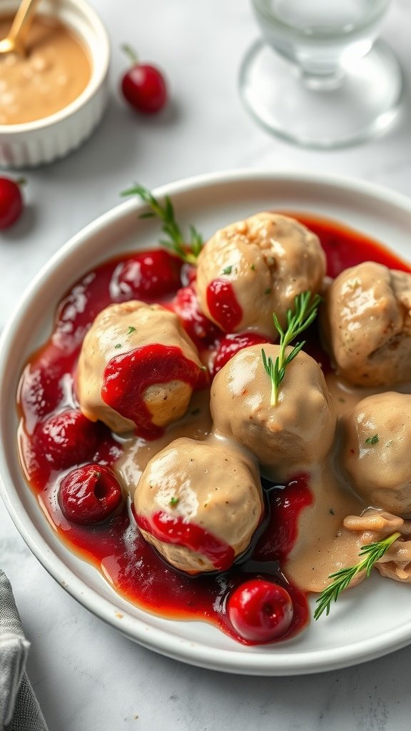 A plate of Swedish meatballs served with creamy sauce and lingonberry sauce.