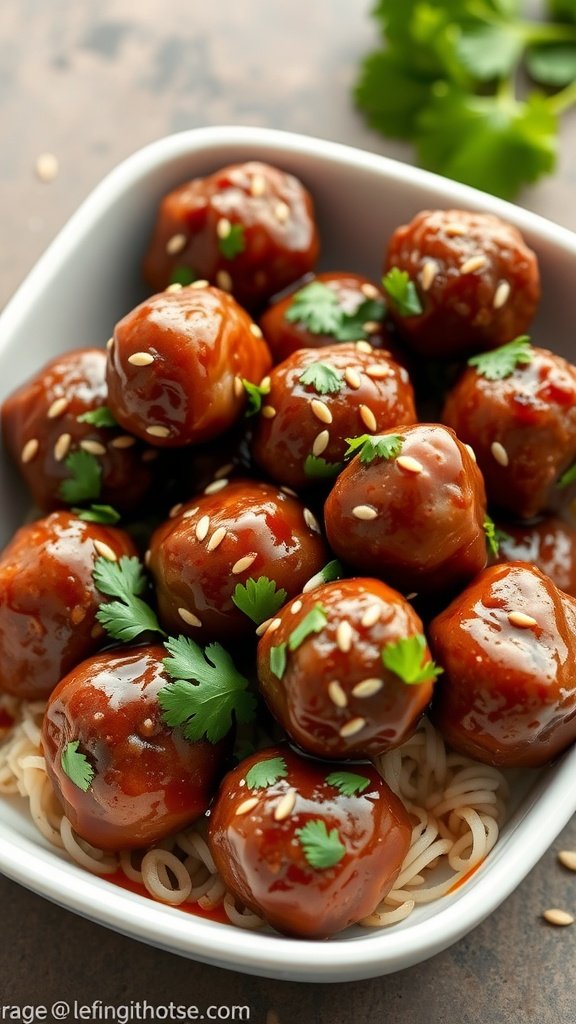 A bowl of sweet and spicy meatballs garnished with cilantro and served on noodles.