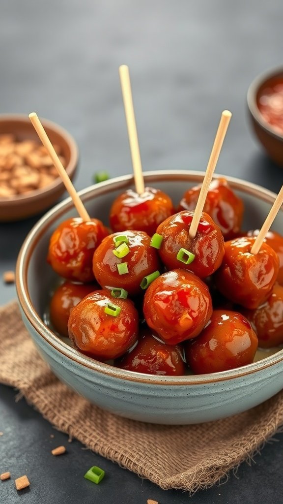 A bowl of sweet and spicy meatballs topped with green onions, served with skewers.