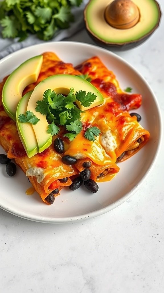 Plate of Sweet Potato and Black Bean Enchiladas topped with avocado and cilantro