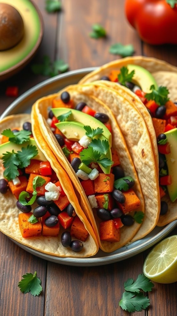 Plate of sweet potato and black bean tacos with fresh toppings