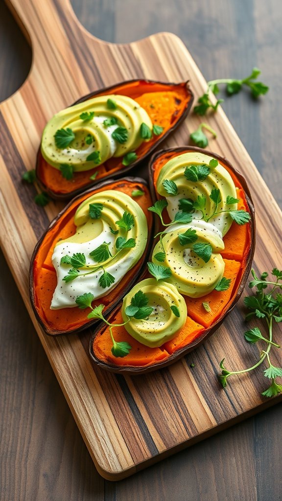 Sweet Potato Canapés topped with Avocado and herbs on a wooden board