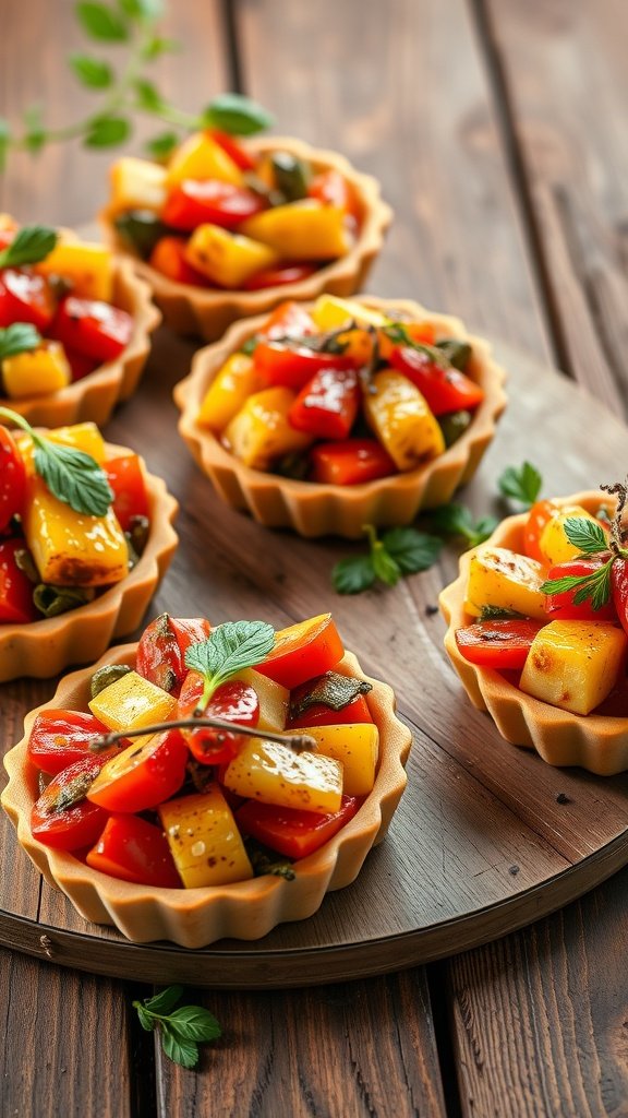 Tartlets filled with colorful ratatouille vegetables on a wooden surface