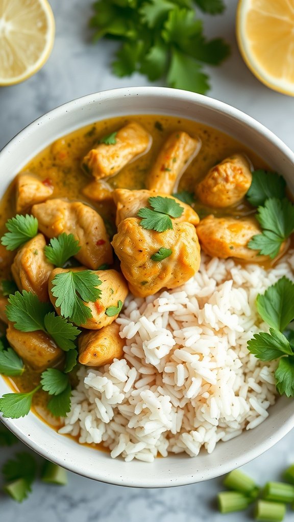 A bowl of Thai Green Curry Chicken with rice and garnished with herbs.