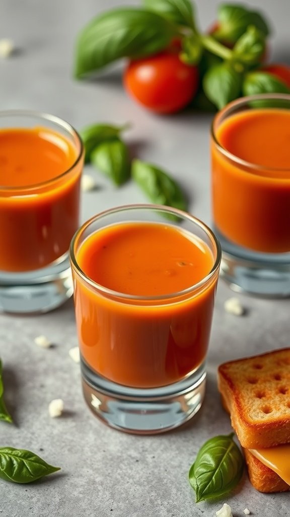 Tomato basil soup shots served in clear glasses with fresh basil leaves and tomato garnishes.