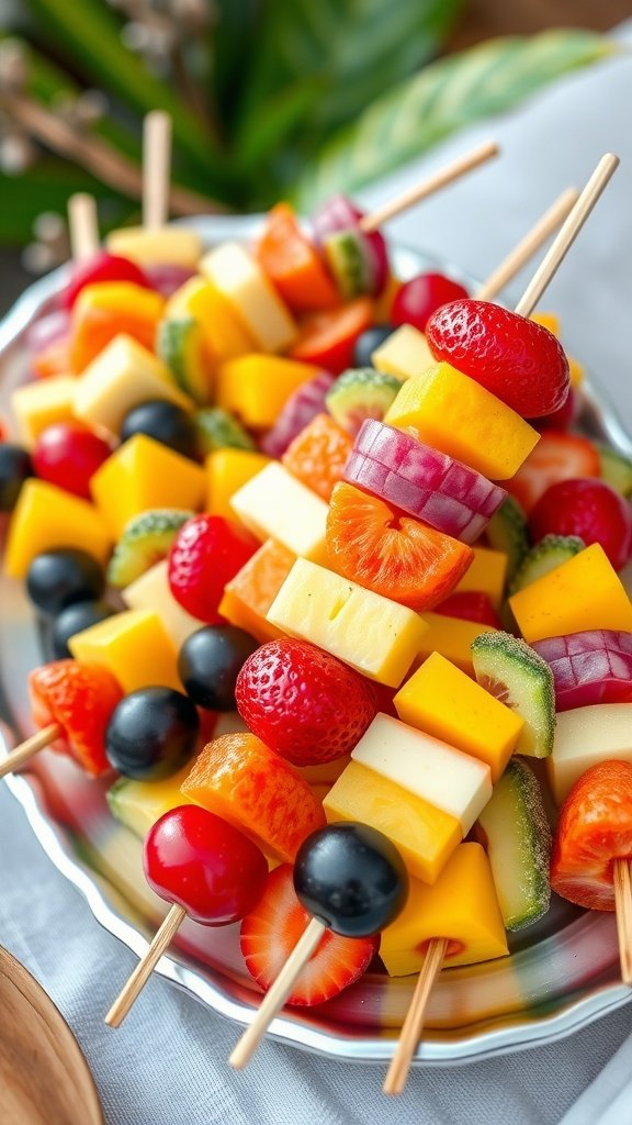 Tropical fruit skewers arranged on a platter, featuring colorful fruits like pineapple, strawberries, mango, kiwi, and grapes.