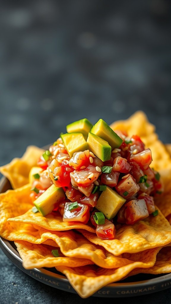 A colorful dish of tuna tartare served on crispy wonton chips, garnished with avocado and green onions.