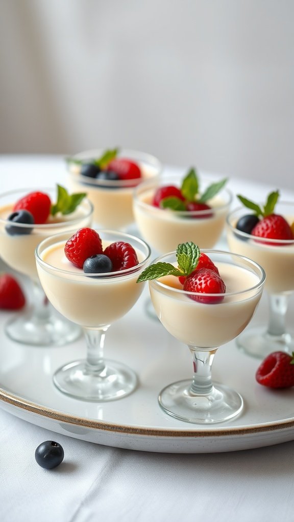 Vanilla bean panna cotta served in small glasses, garnished with fresh berries and mint
