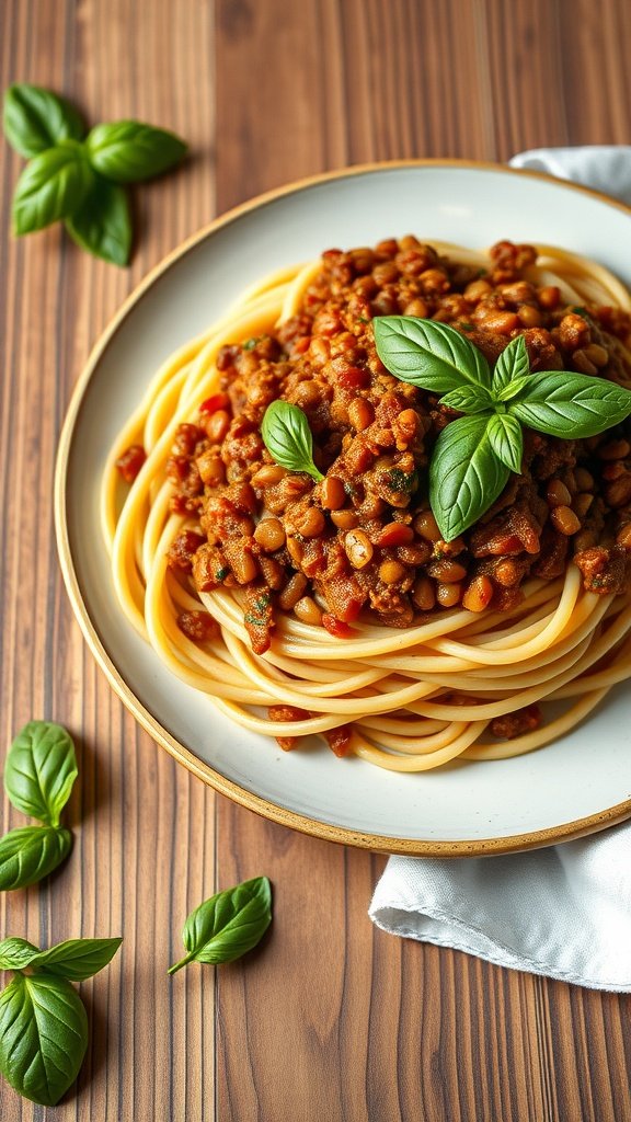 A plate of vegan lentil bolognese served over pasta, garnished with fresh basil.