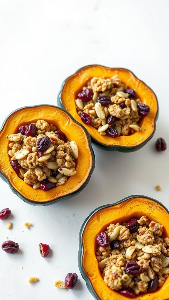 Vegan stuffed acorn squash filled with quinoa, nuts, and dried fruits.