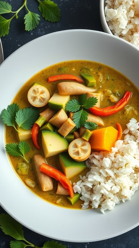 A vibrant bowl of Vegan Thai Green Curry with assorted vegetables and a side of rice.