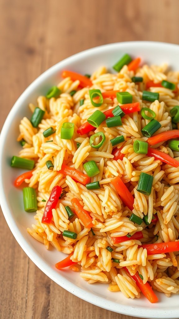 A bowl of colorful vegetable fried rice garnished with green onions.