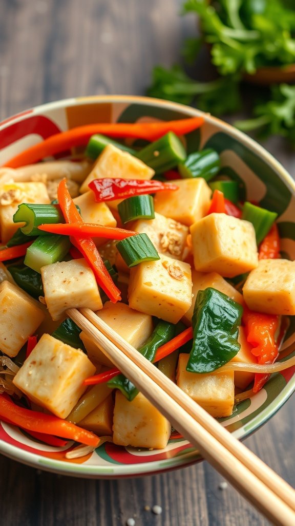 A colorful serving of vegetable stir-fry with tofu, garnished with sesame seeds, and presented in a bowl.