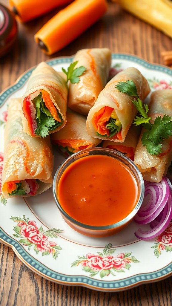 A plate of vegetarian spring rolls served with a dipping sauce, showcasing colorful vegetables and fresh herbs.