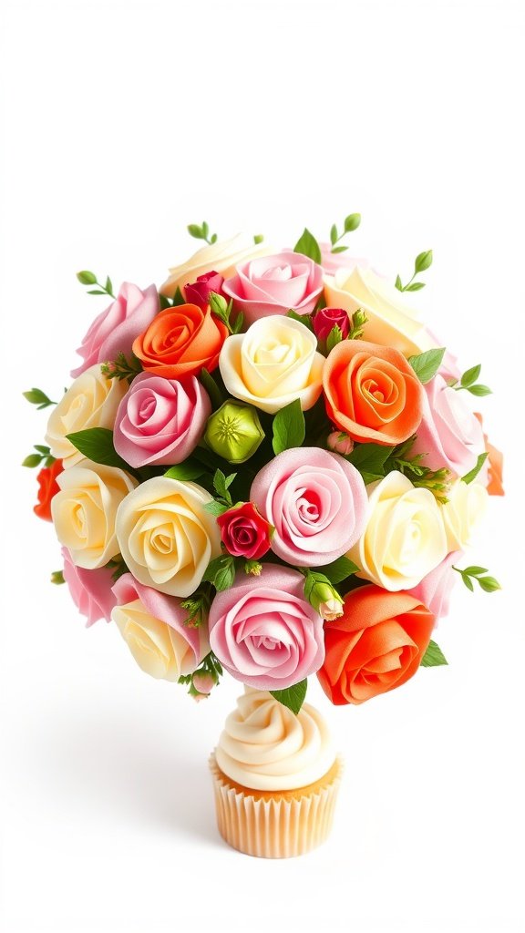 A bouquet made of colorful cupcake roses with a single cupcake at the base.