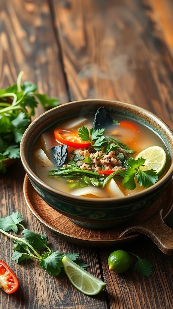 A bowl of Vietnamese Pho with herbs, lime, and chili on a wooden table.