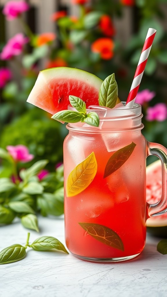 Watermelon Basil Cooler cocktail in a jar with a straw and garnished with basil leaves and watermelon slice.